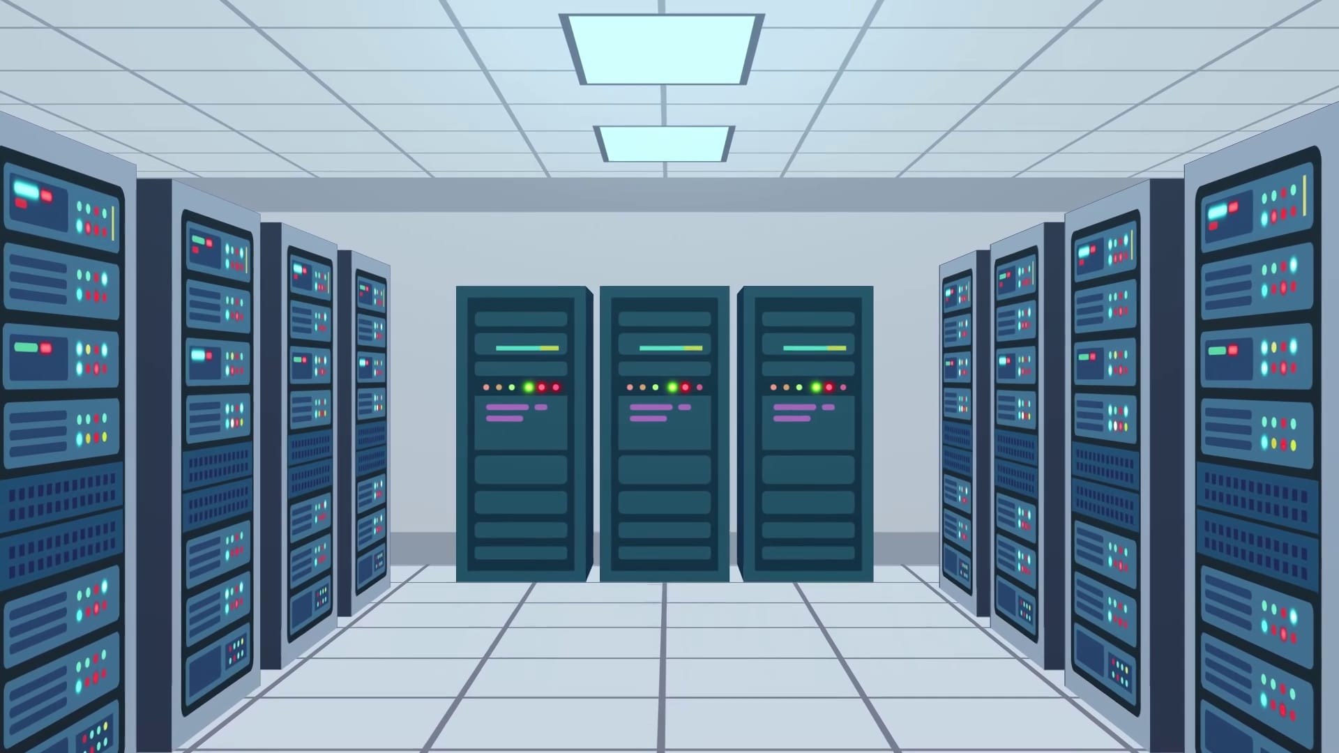 Animation of a data hall full of server racks
